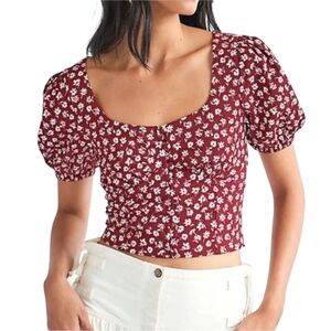 Free People | M | Burgundy & White Ditsy Floral Crop Top Blouse